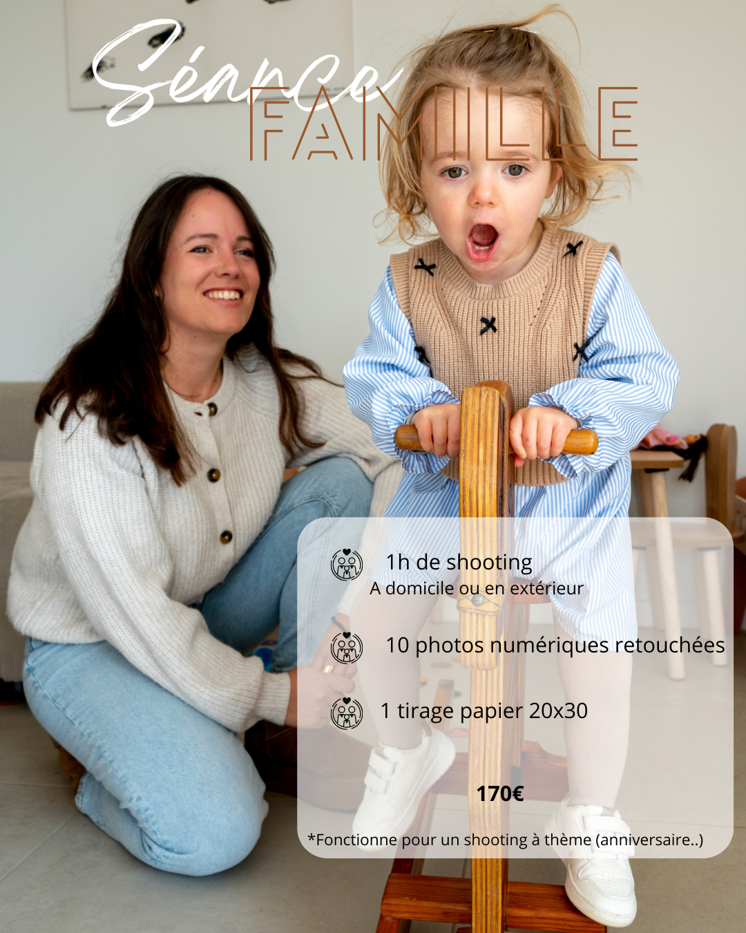 Formule pour une séance photo professionnelle pour la famille avec 1 heure de shooting et 10 photos numériques retouchées en Occitanie